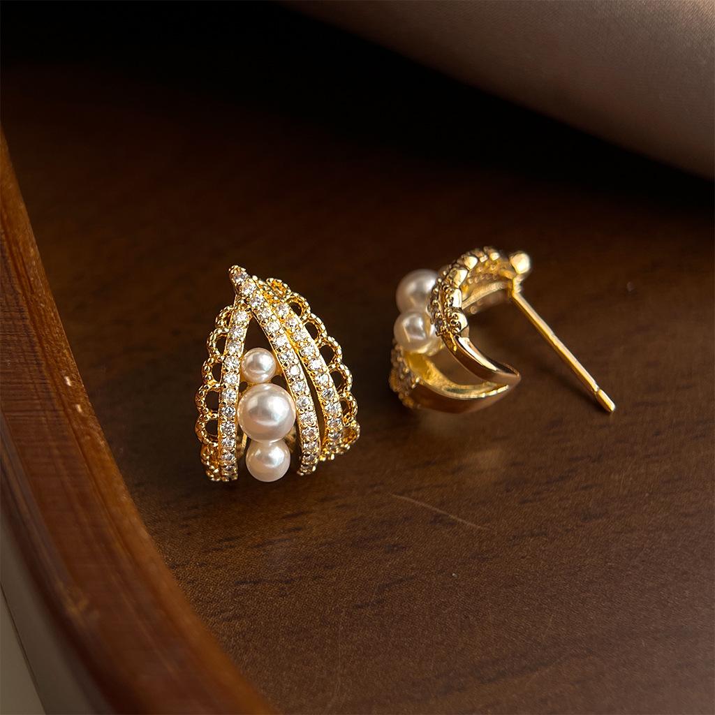 925 Silver Needle Lace-Edged Zircon Pearl Earrings: Luxurious Versatile French-Inspired Design for Women