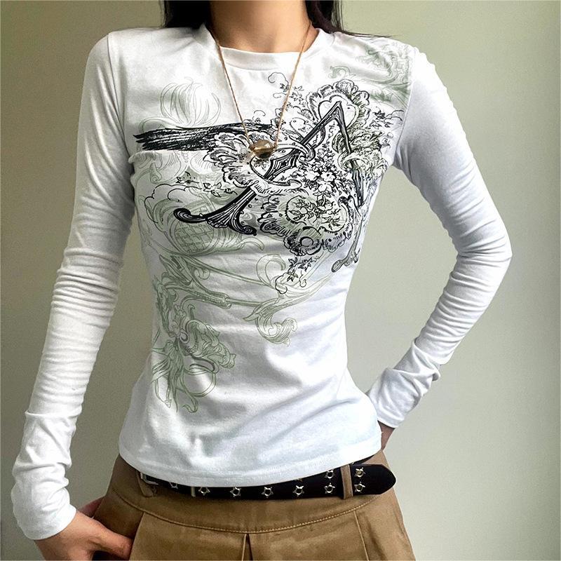 Women Crew Neck Vintage Sketch Print Side Ruched Slim Long Sleeve Casual Tee