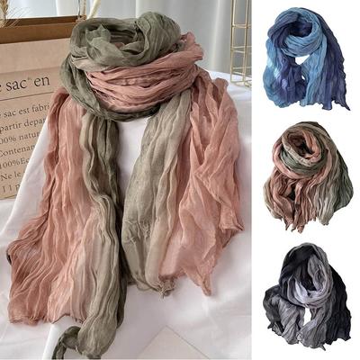 Cotton Hemp Gradient Color Scarf Linen Wrinkle Scarves Long Pleated Shawl Soft Tie-dye Headscarf Long Hijab Scarf Women Winter