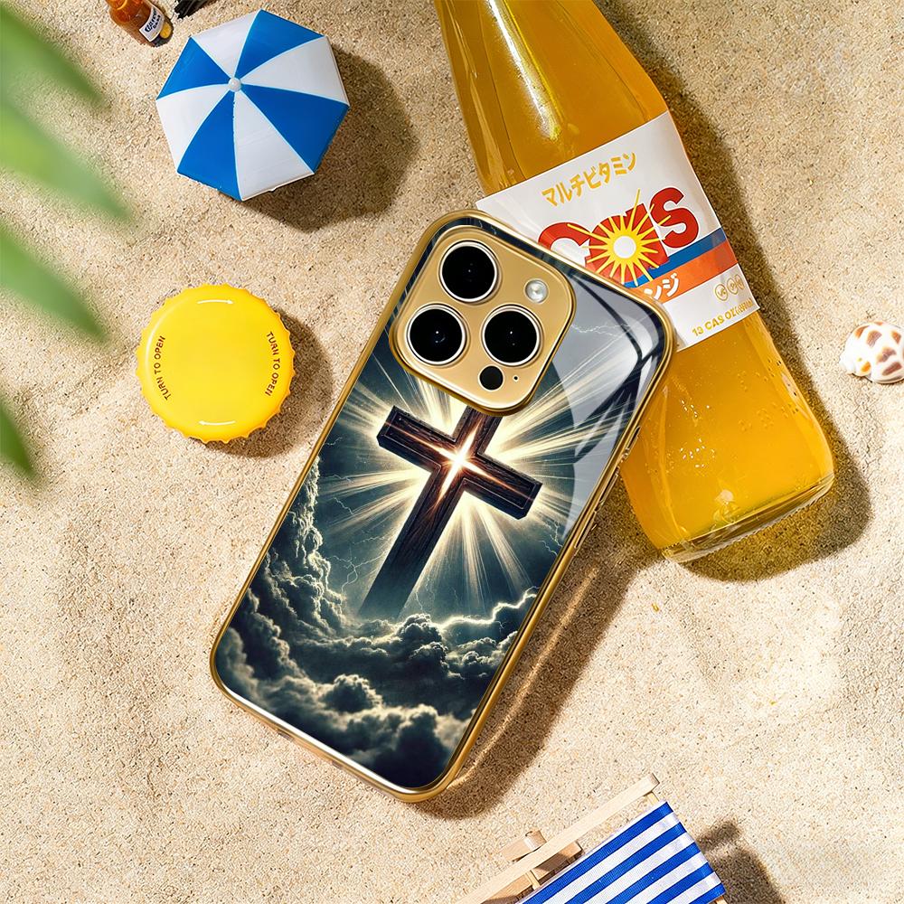 

Cross fashion style design ins Phone Case For iphone 17 16 15 14 13 12 11Pro Plus Max Luxury Gold-plated glass Phone Case iPhone 16e