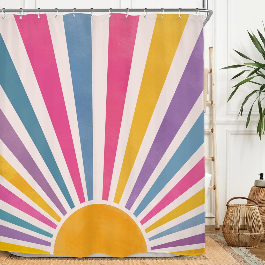 Rust Sun Abstract Shower Curtain Set Simple Medieval Vintage Sunrise Polyester Waterproof Bathroom Curtain With Hook