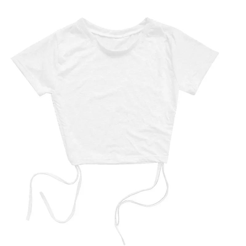 Sexy Drawstring Tie Bare Midriff Slim Tank Top Women Short Sleeves Bottoming Crop Tops Camisetas Mujer