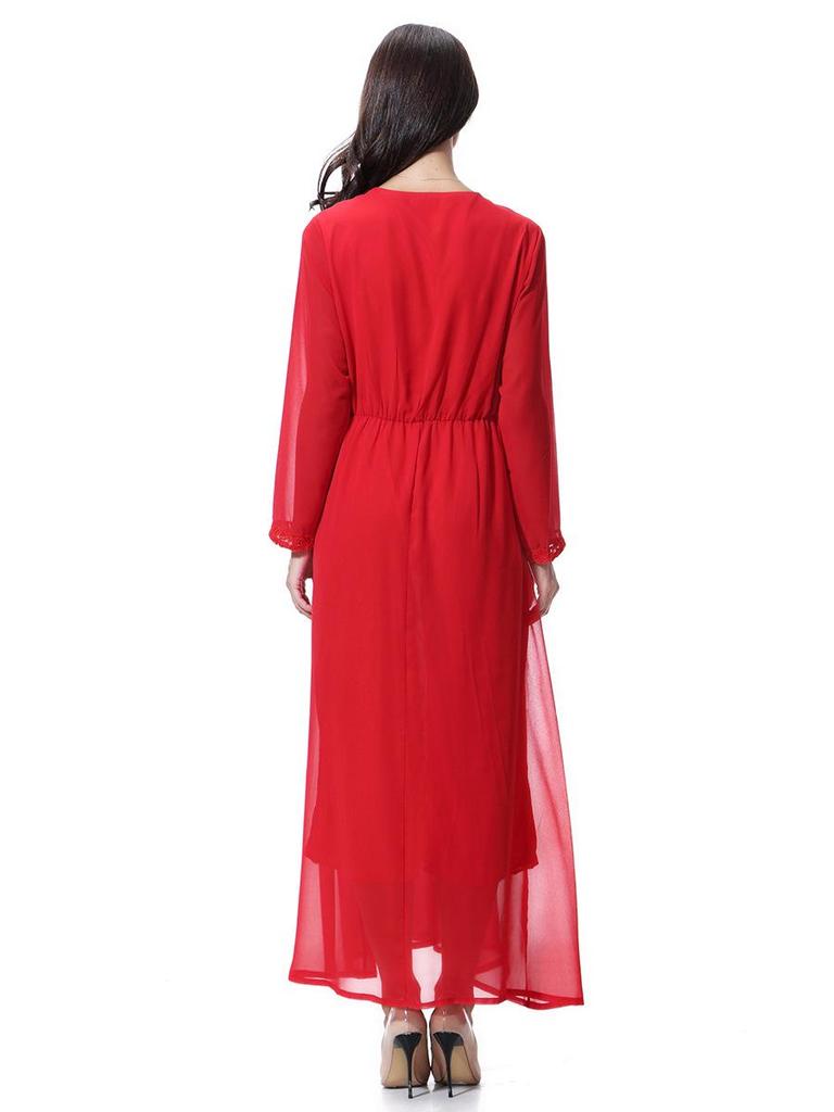 Women's Chiffon Lace Maxi Dress with Round Neck and Long Sleeves, TH923