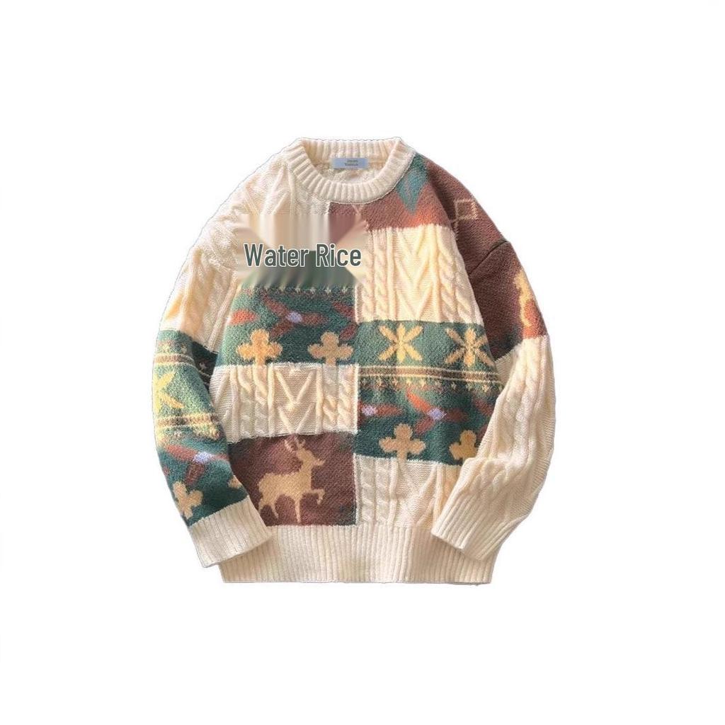 Men's Winter Guochao Jacquard Sweater – Thick, Trendy, Retro, Warm, Loose-Fit Christmas Outerwear.