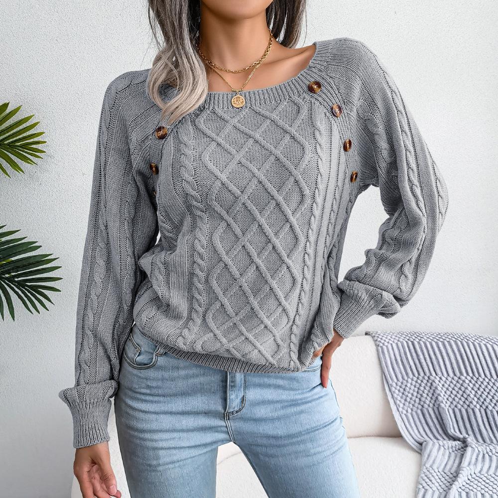 Lässiger Damen-Pullover mit quadratischem Kragen und Spike-Knopf-Twist-Strickpullover