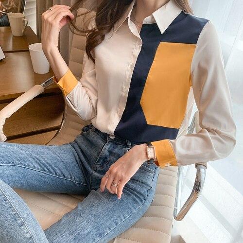 

Корейские шелковые женские рубашки, женская атласная блузка, женская шелковая рубашка с длинным рукавом, топ размера плюс, офисная женская атласная лоскутная блузка XL абрикосовый