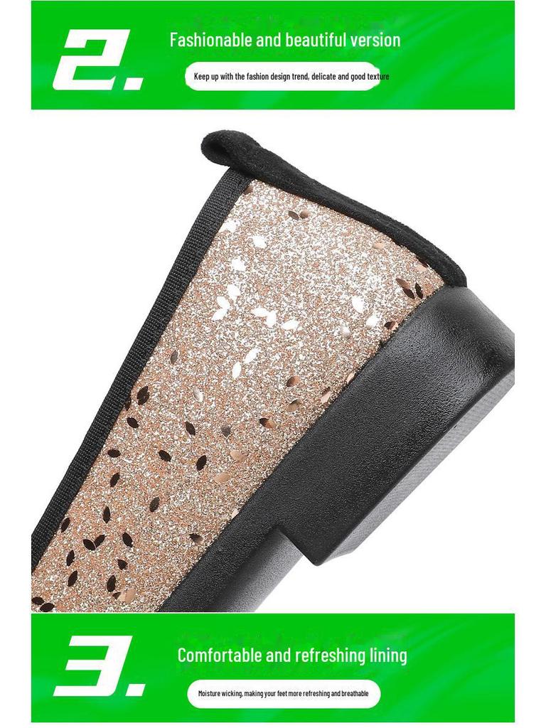 2025 New Women's French-Style Sequined Bow Flats: Square Toe, Shallow Mouth Evening Shoes