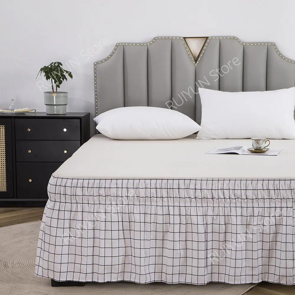 Home Kostkovaná postelová sukně bez povrchu Elastická páska Postelová sukně Omotávka kolem nařasená postelová sukně Couvre Lit Twin /Plná/ Queen/ King