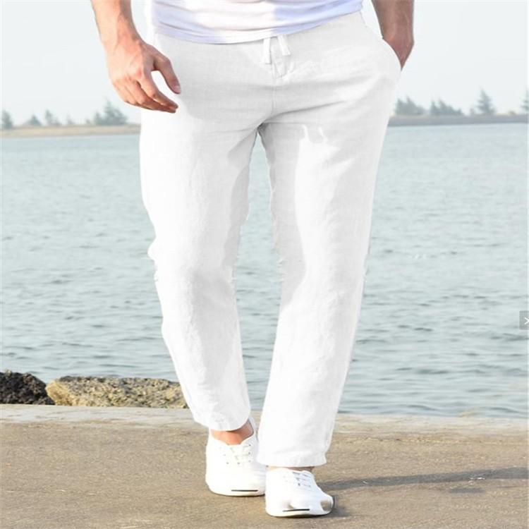 Men's linen summer casual pants drawstring elastic waist solid color breathable daily pencil small feet trousers
