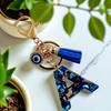 Blue Resin Initial Keychain - Evil Eye Letter Charm with Rhinestones & Tassel, Stylish Gift for Women, Lobster Clasp Accessory