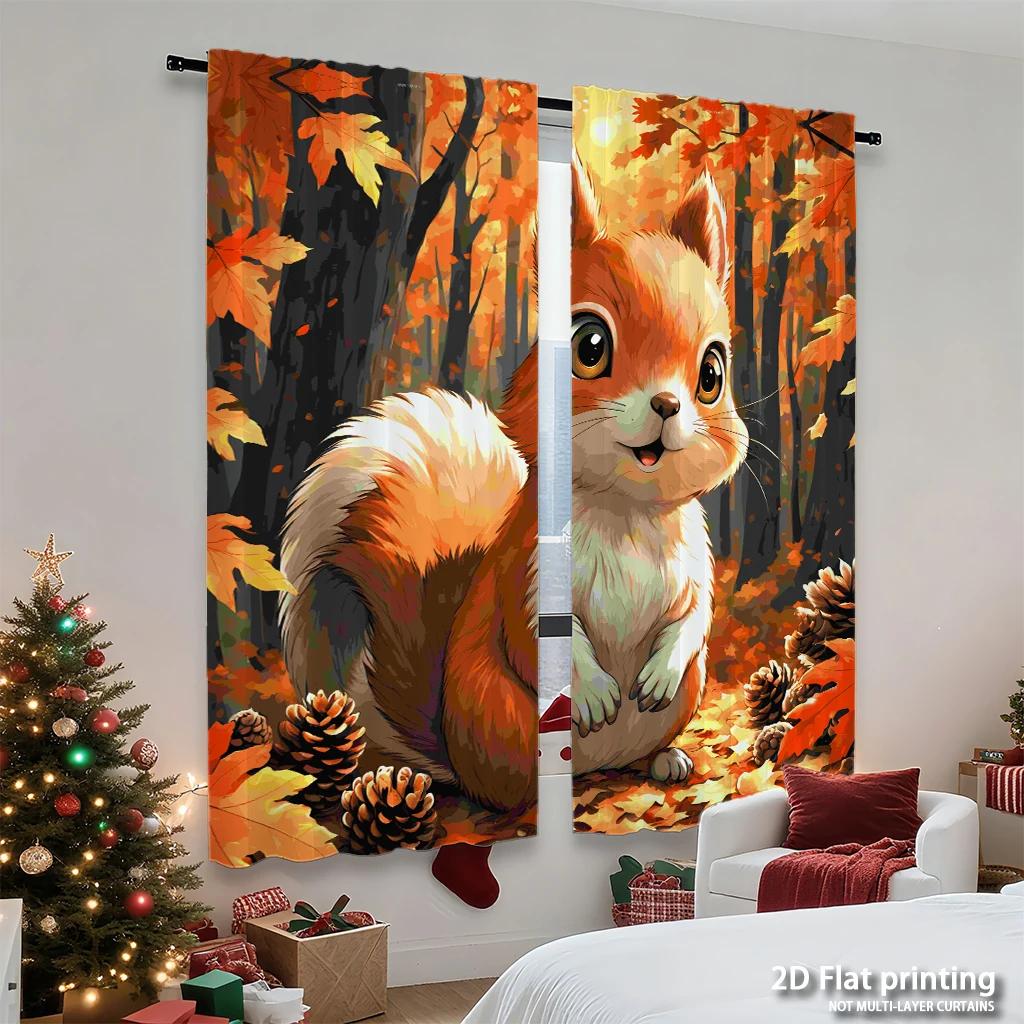 Piece Set High Definition Digital Printed Curtainsautumncolorfulsquirrelwithmapleleavespineconesforeststylehome Decoration Curtain Polyester Washable