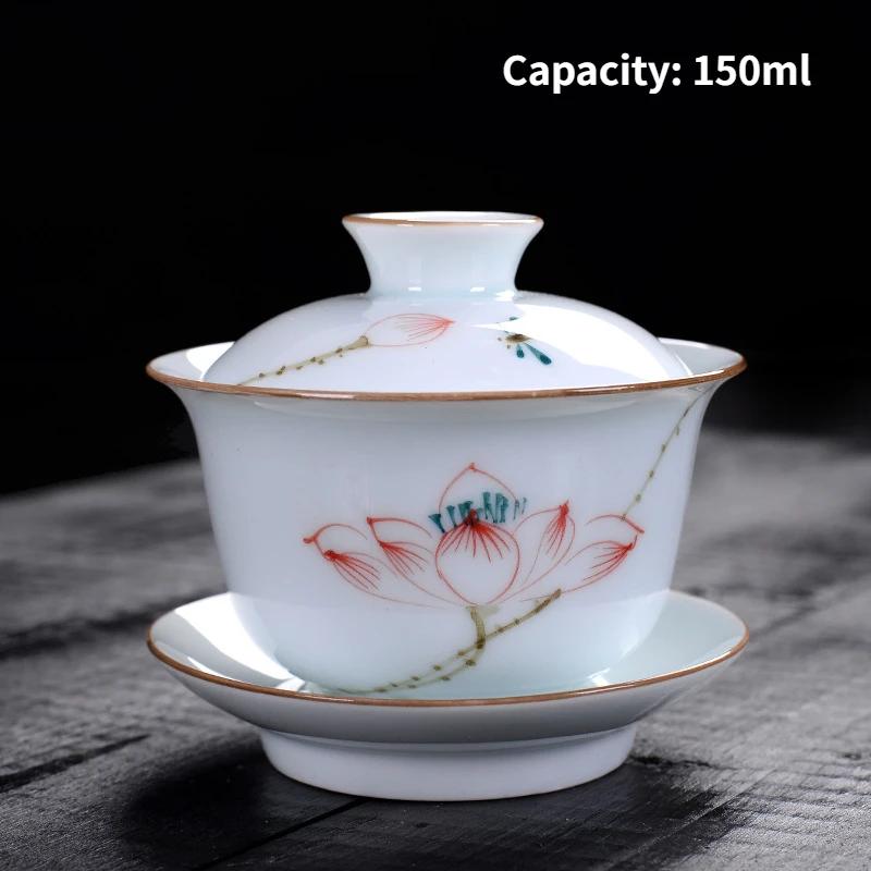 Jingdezhen-Porcelain Tea Set, Ceramic Teacups and Saucers, Handpainted Lotus, Travel, Easy Gaiwan, Porcelain Cup, Tableware