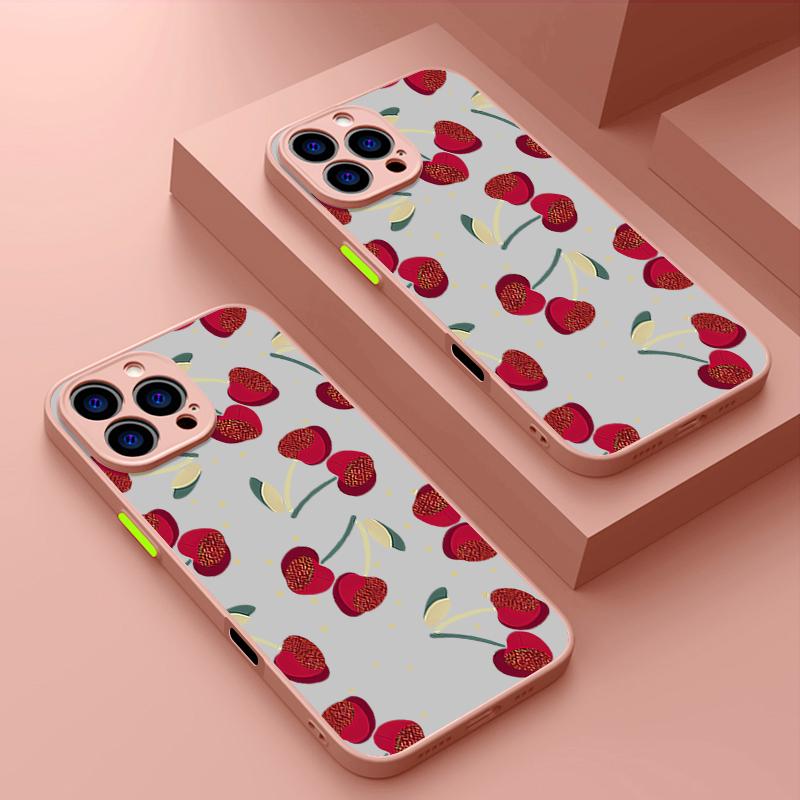 Simple Cherry Pattern Clear Matte Phone Case For iPhone 16 Pro Max 15 Pro 14 13 12 11 Soft Edge Shockproof Lens Protection Slim Phone Cover