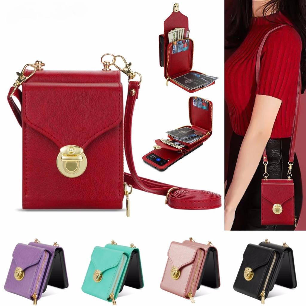 Crossbody Leather Wallet Case For Samsung Galaxy Z Flip 5 4 3 Flip4 Flip3 5G Long Lanyard Zipper Card Holder Purse Bag Cover Funda