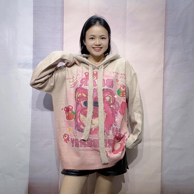 

Женский мягкий трикотажный худи из норки с принтом медведя, коллекция осень/зима 2024 One Size