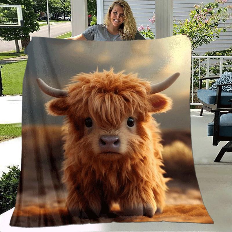 1pc Highland Cow Printing Lightweight Flannel Blanket, Comfortable and Warm Blanket, for Camping Sofa Bed and Couch Office, Gift