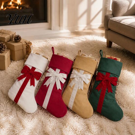 Holiday Home Decorations Christmas Stockings with Bow, 18 Inch Large Velvet Plush Cuff, Gift Storage Bags Hanging Decor for Fireplace And Candy Retro