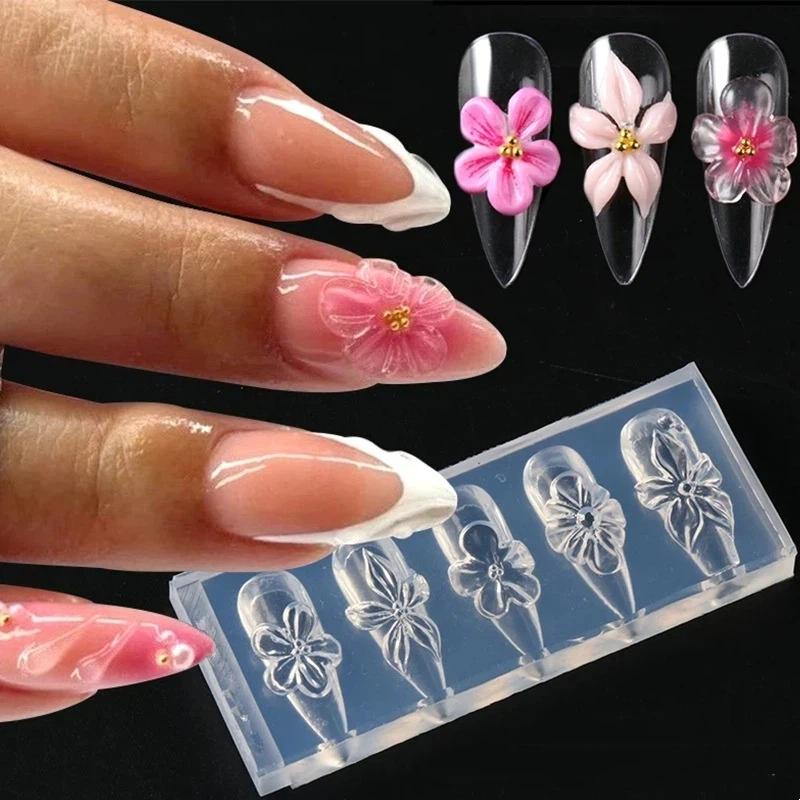 3D Spring Flower Nail Silicone Nail Carving Mold Lily Hibiscus Resin Design Nail Art Print Stencils Diy Manicure Mold Tools