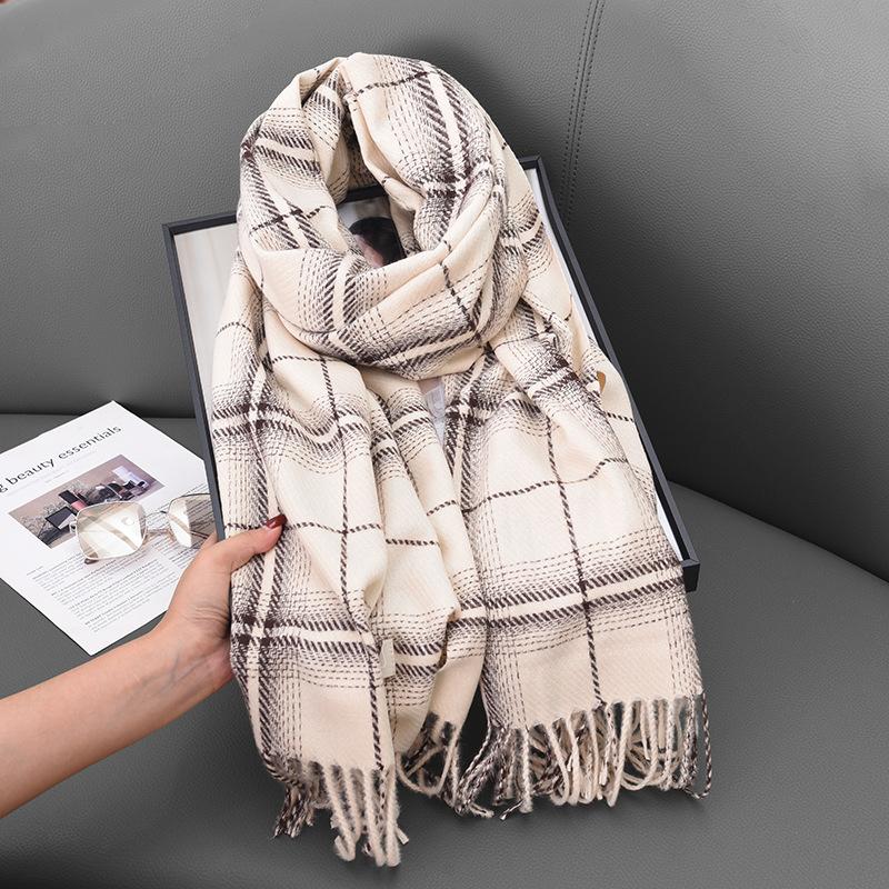 

Шарф Xiaoxiangfeng женский кашемировый мягкий клетчатый утолщенный платок для девочек универсальный студенческий шарф для сохранения тепла 65-180CM молочный белый