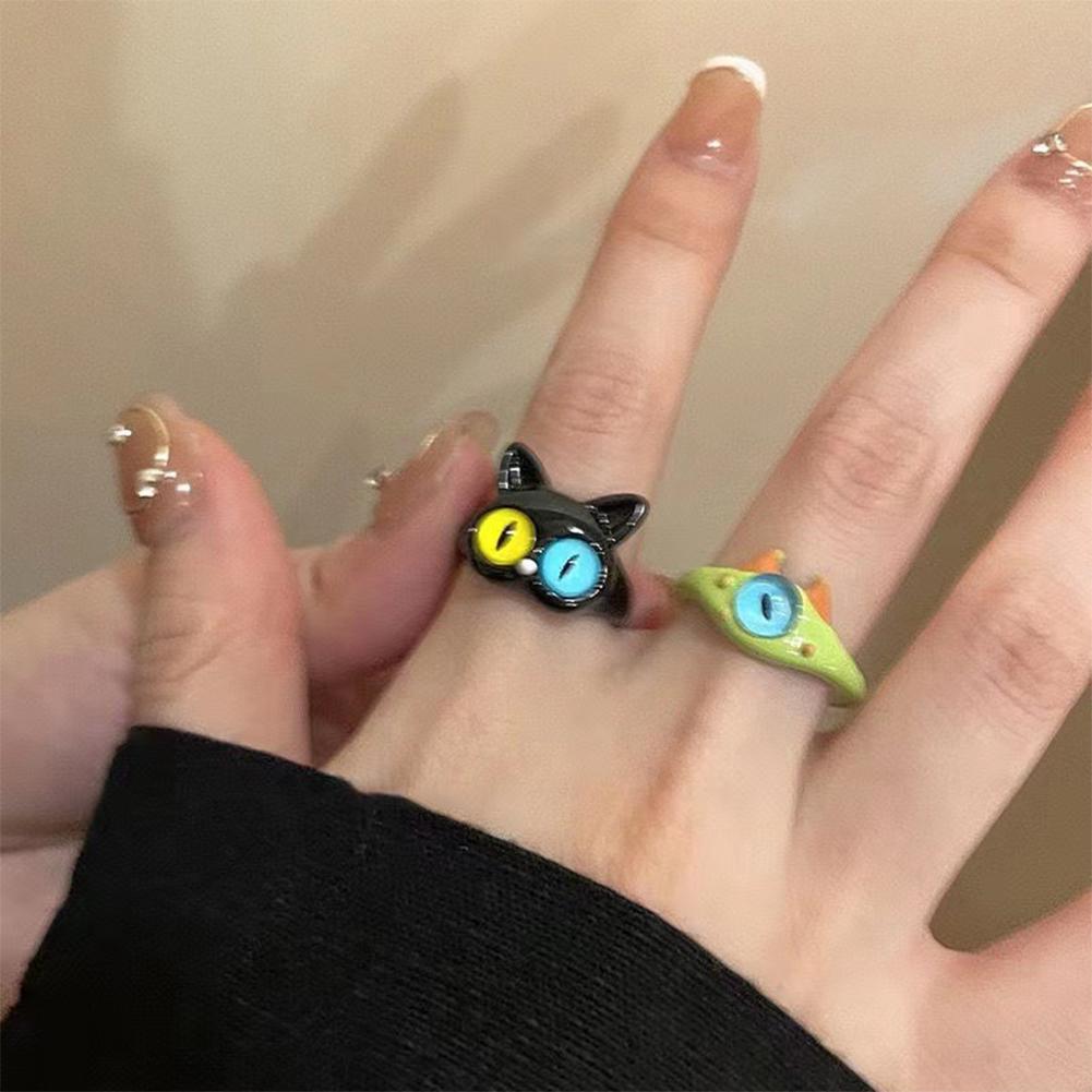 Funny Black Cat Green Monster Ring Fashionable Personalized Opening Adjustable Ring Jewelry Accessory