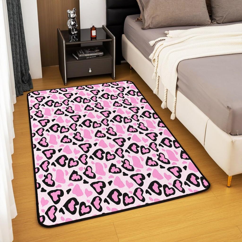 Kids Leopard Decor Carpet Area Rug Cute Pink Love Heart Living Room Rugs for Bedroom for Boys Girls Teens Modern Cheetah Indoor