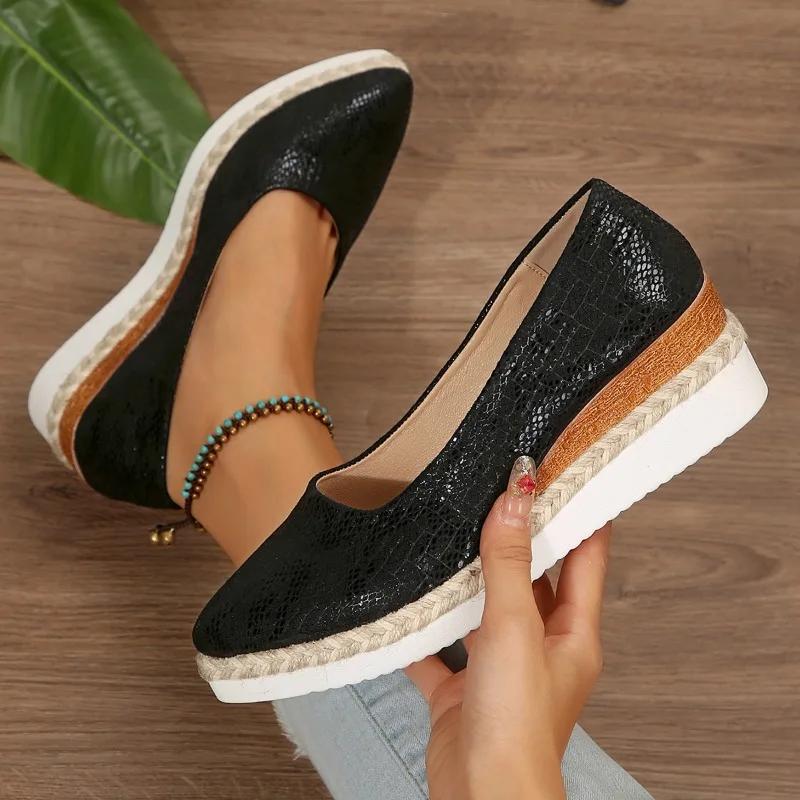 Women's Platform Heels Autumn 2024 Comfortable Wedge Pointed Toe Loafers Shoes for Women Fashion Sequins Shallow Pumps Plus Size
