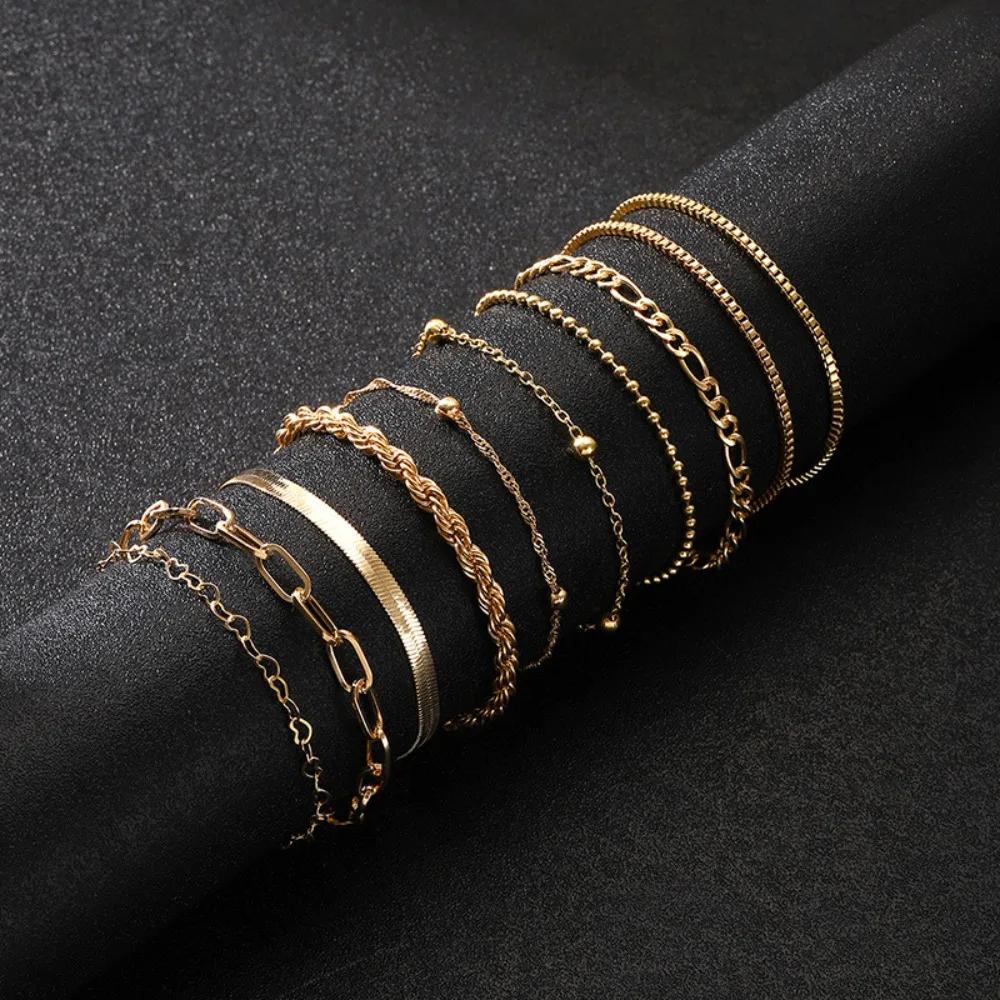10pcs Set Charm Gold Cuban Twist Chain Bracelet for Women Men Luxury Multilayer Summer Beach Bangle Jewelry Set Gift