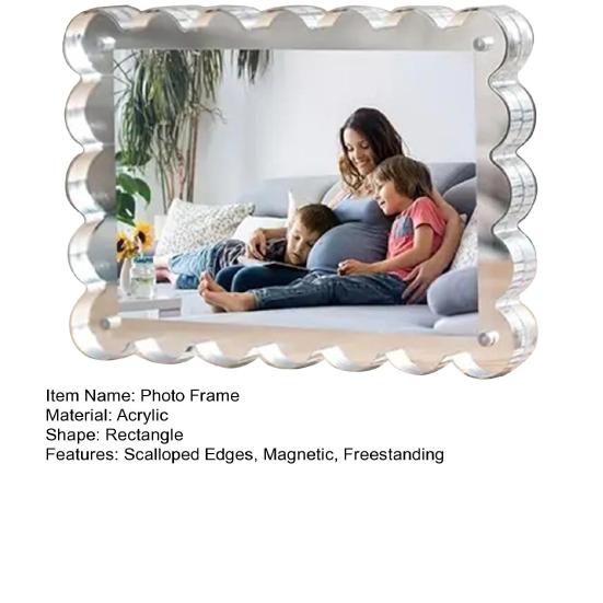 Clear Acrylic Picture Frame Magnetic Double Sided Photo Frame Freestanding Thick Block Scalloped Picture Frame for Desktop Display