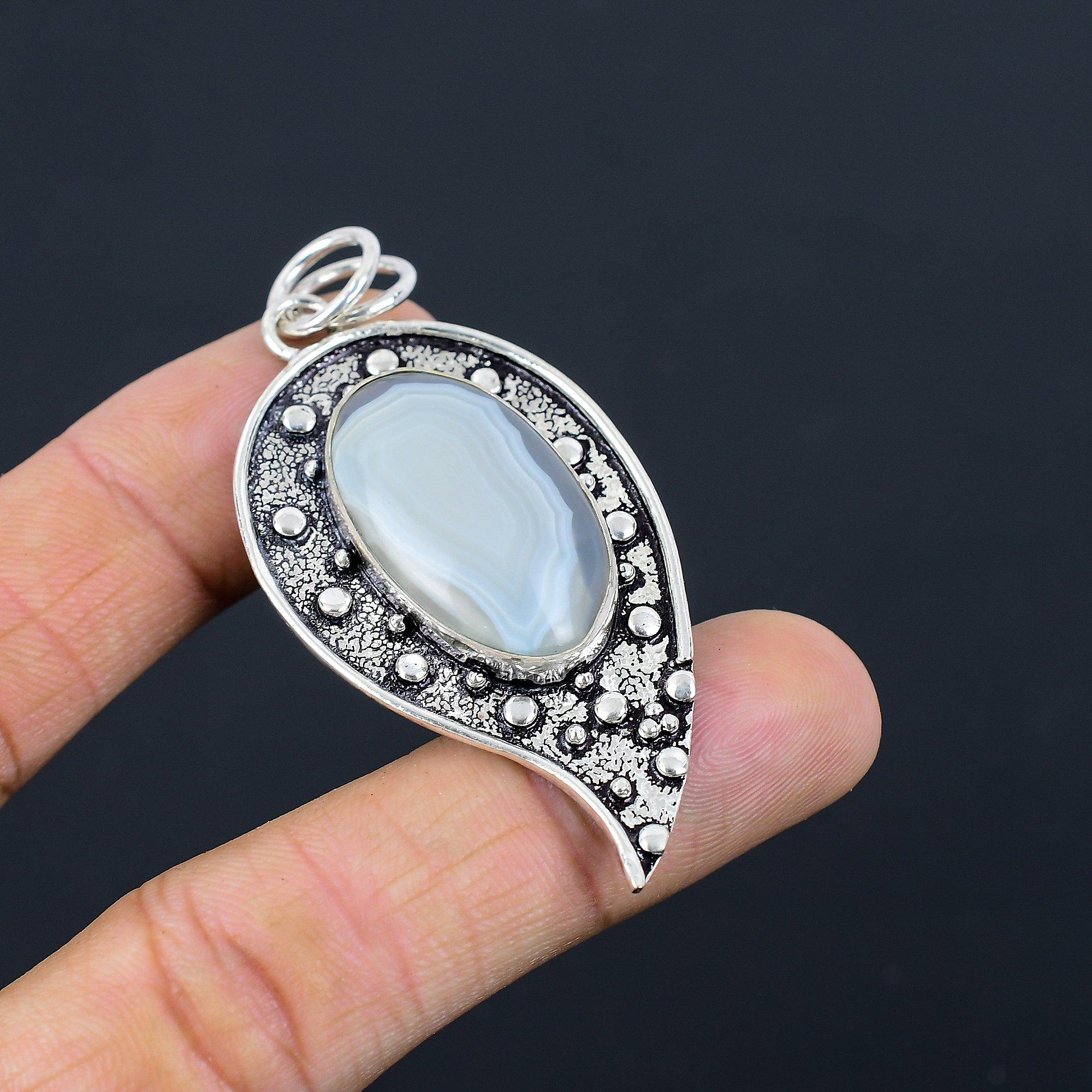 Mothers day Deal 925 Silver Oval Natural Botswana Agate Artisan Birthday Pendant