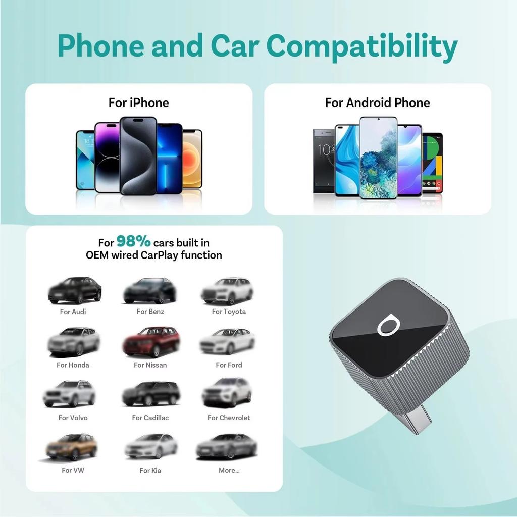 Ottocast Mini Slim Wireless Adapter Wireless CarPlay Android Auto for OEM Car Plug and Play WiFi Bluetooth Auto Connection