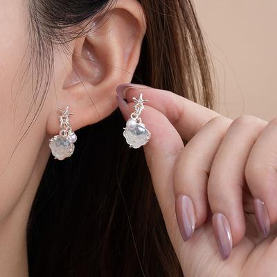 Summer Crushed Ice Blue Crystal Starfish Shell Pearl Earrings Women'S High Sense Light Luxury Temperament Stud Earrings Vacation Style Earrings