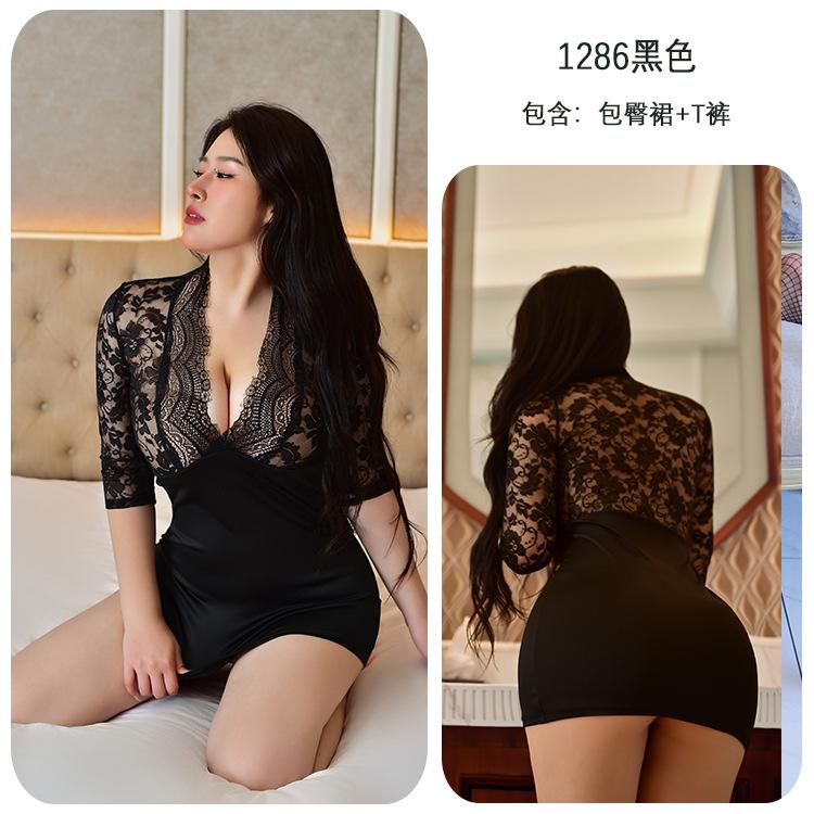 Sex Underwear Large Size Hip Skirt Sexy Secretary Uniform Temptation Deep V See-through Suit
