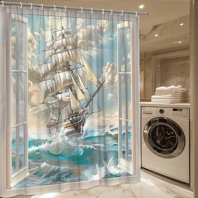 Sailing Ship Window View Shower Curtain Ocean Waves And Sky Scene Waterproof Easy To Install Enhance Your Space Non-Toxic