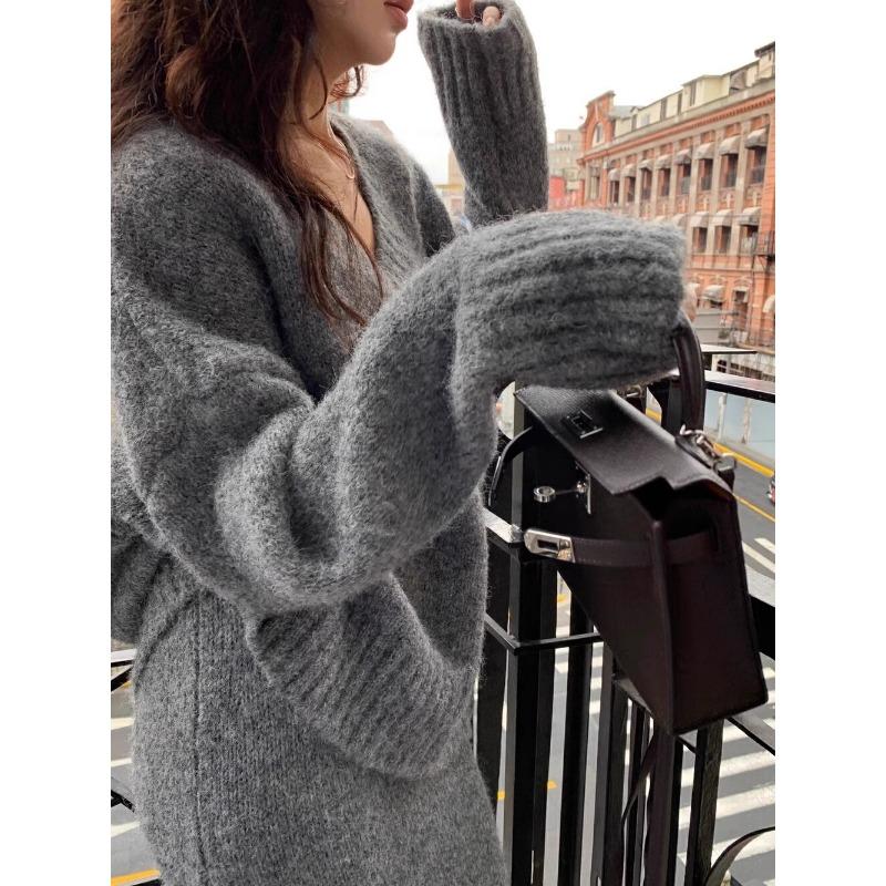 Autumn Winter V-neck Loose Pullover Sweater Set Knitted Elegant Skirts Women Casual Two-piece Set Fashion Outfit Simple Solid Color Office Clothing