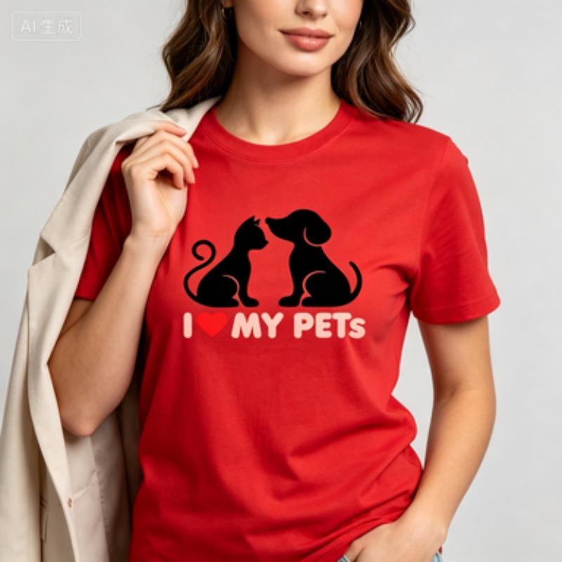 Cotton Tee Minimalist Cat Dog Kiss Silhouette With Love Text Graphic Animal Lover Simple Black Print Breathable Basic Tshirt