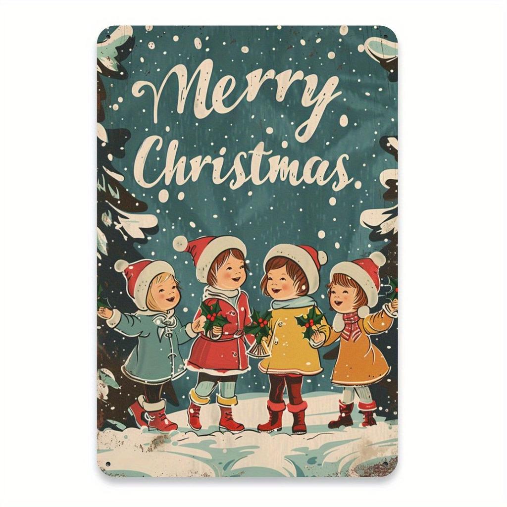 Weihnachts-Blechschild 2D Flache Wanddeko Metallplatte Hängendes Ornament Mädchen