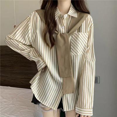 Women's Clothes Striped Long-sleeved Shirt Spring Summer Blouse New-style Shawl Fake Two Loose Temperament Shirt Casual Shirt