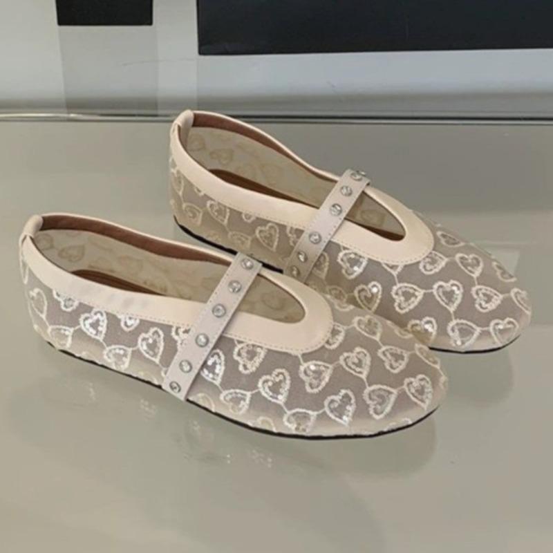 Flat Shoes Spring New Round Head Shallow Mouth Glitter Embroidery Mesh Crystal with Soft Sole Non-slip Shoes