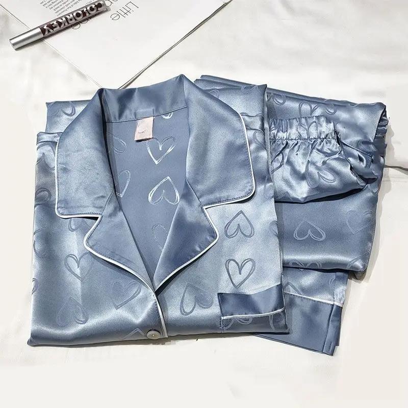 Mädchen Pyjama aus Kunst-Eisseide, Damen Langarm Spitze Grün Premium-Gefühl Zweiteiliges Set Süße Loungewear, Love Blue Stoff