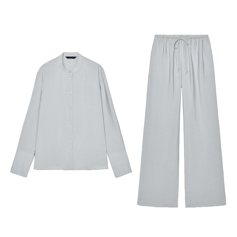 Lyocell Blended Draping Round Neck Long Sleeve Shirts 4437046 Draping Mid Waist Wide Pants Pants 4437047