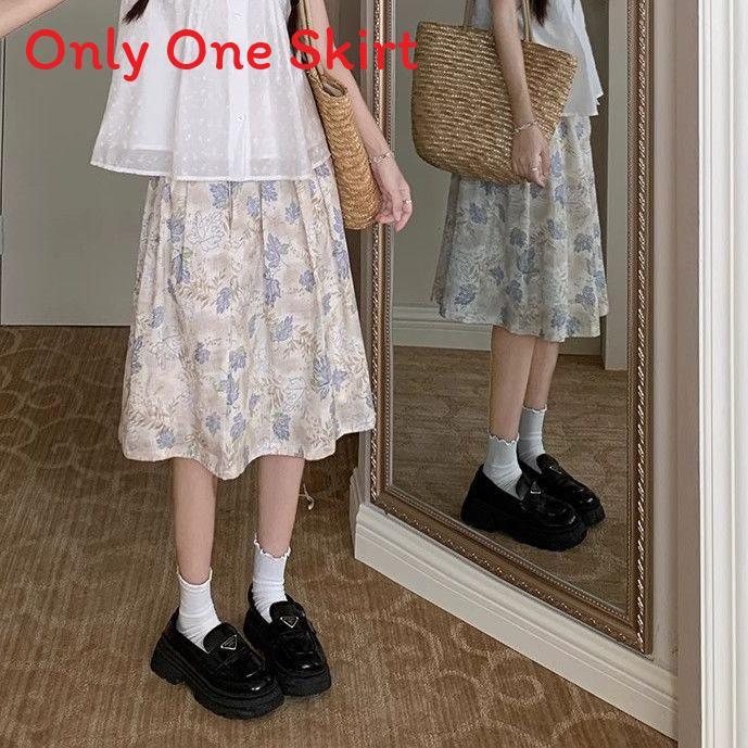 Girls Summer Floral High Waist Midi Skirt With Splicing Print For Casual Wear