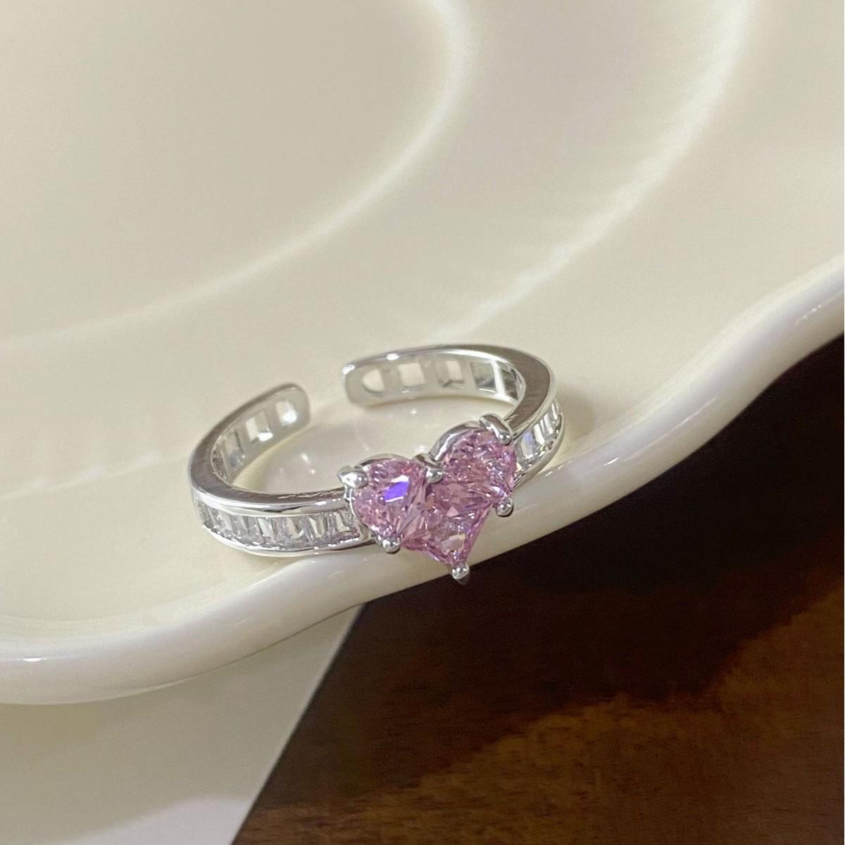 Exquisite Pink Zircon Heart Ring: Forest-Inspired, Sweet & Cool Style, Fashionable Open Design.