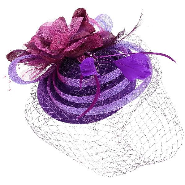 Yardwe Vintage Fascinator Headband Purple Mesh Flower Pillbox Hat Wedding Bride Headdress Banquet Hair Accessory for Women Special Occasion