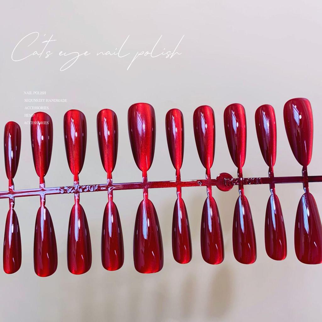Solid Wine Red Cherry Cat Eye Press-On Nails - Dark Red Long Nail Tips