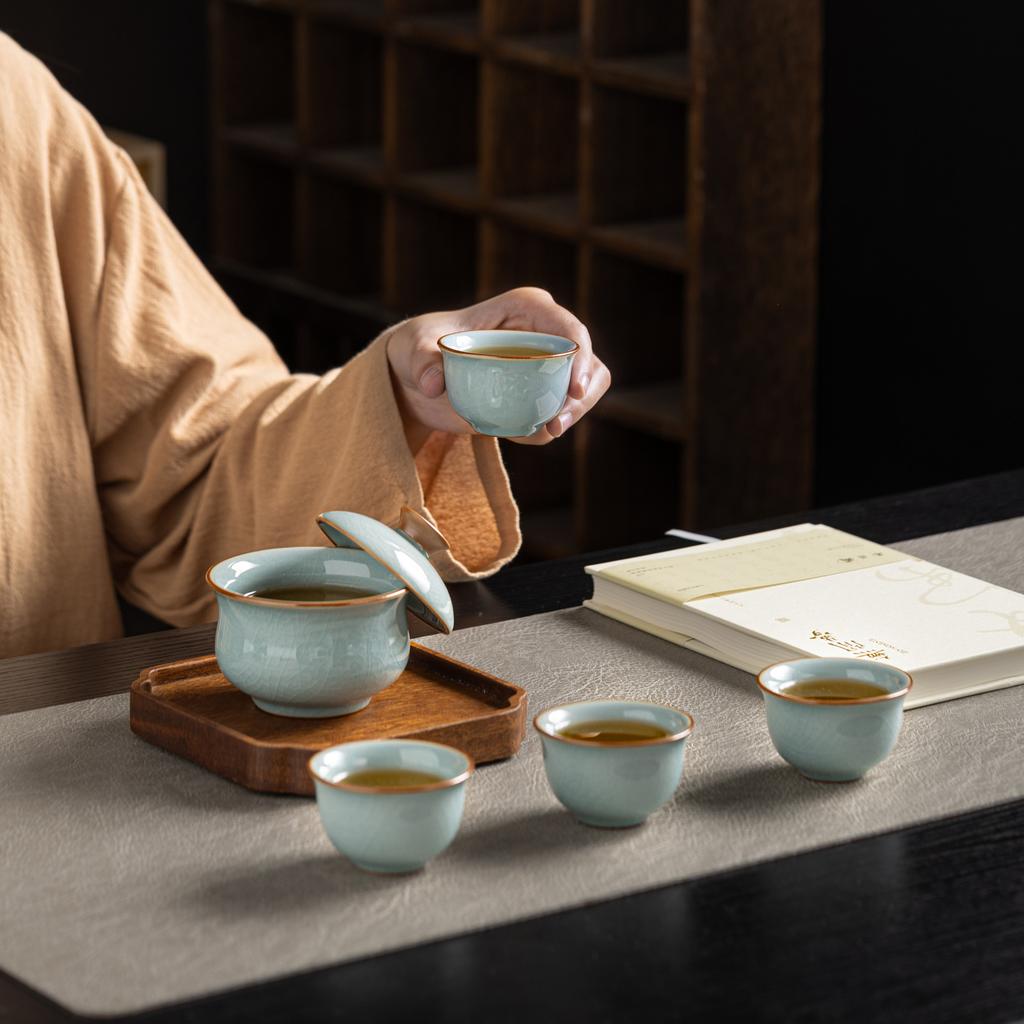 Ru kiln tea set, small set, azure beige brother kiln activity, small gift, souvenir gift, bank insurance for customers