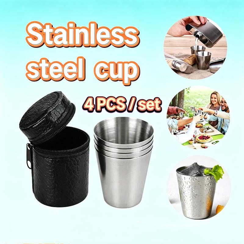 Mini Stainless Steel Cups Set 4Pcs 30ML with Leather Storage Case for Outdoor Travel Party Gifts