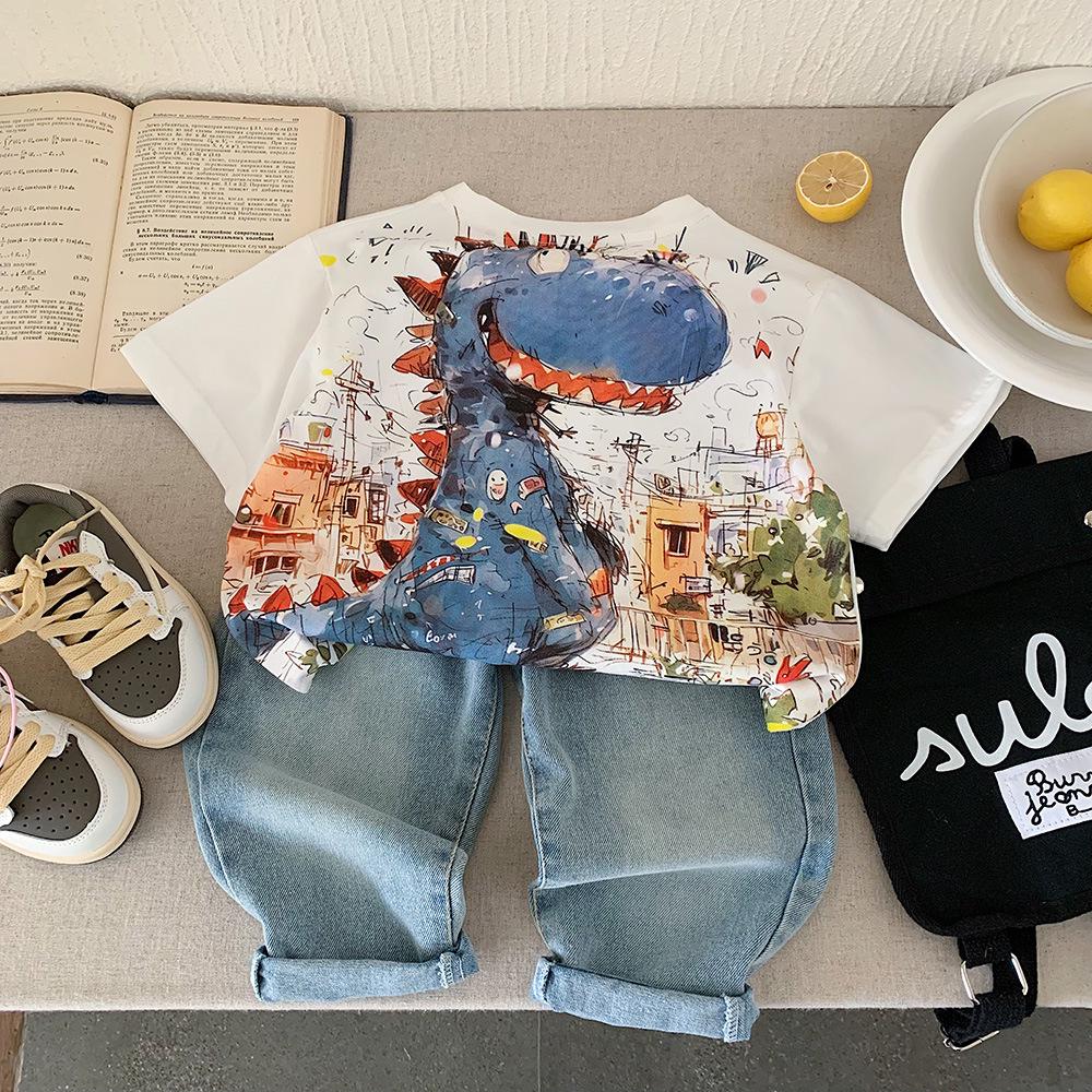 

Детская футболка из чистого хлопка с мультяшным принтом 2025 - Летний топ в корейском стиле для мальчиков 110 cm белый