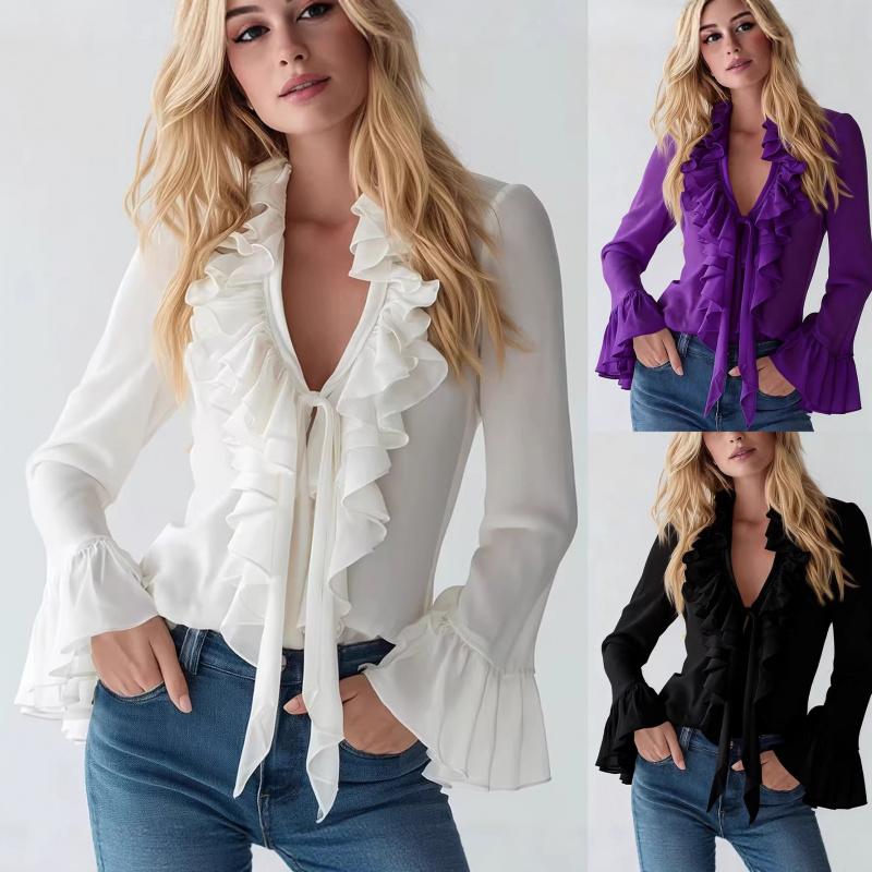 Spring and Autumn New Elegant Women's Ruffled Solid Color V-neck Puff Sleeve Blouse