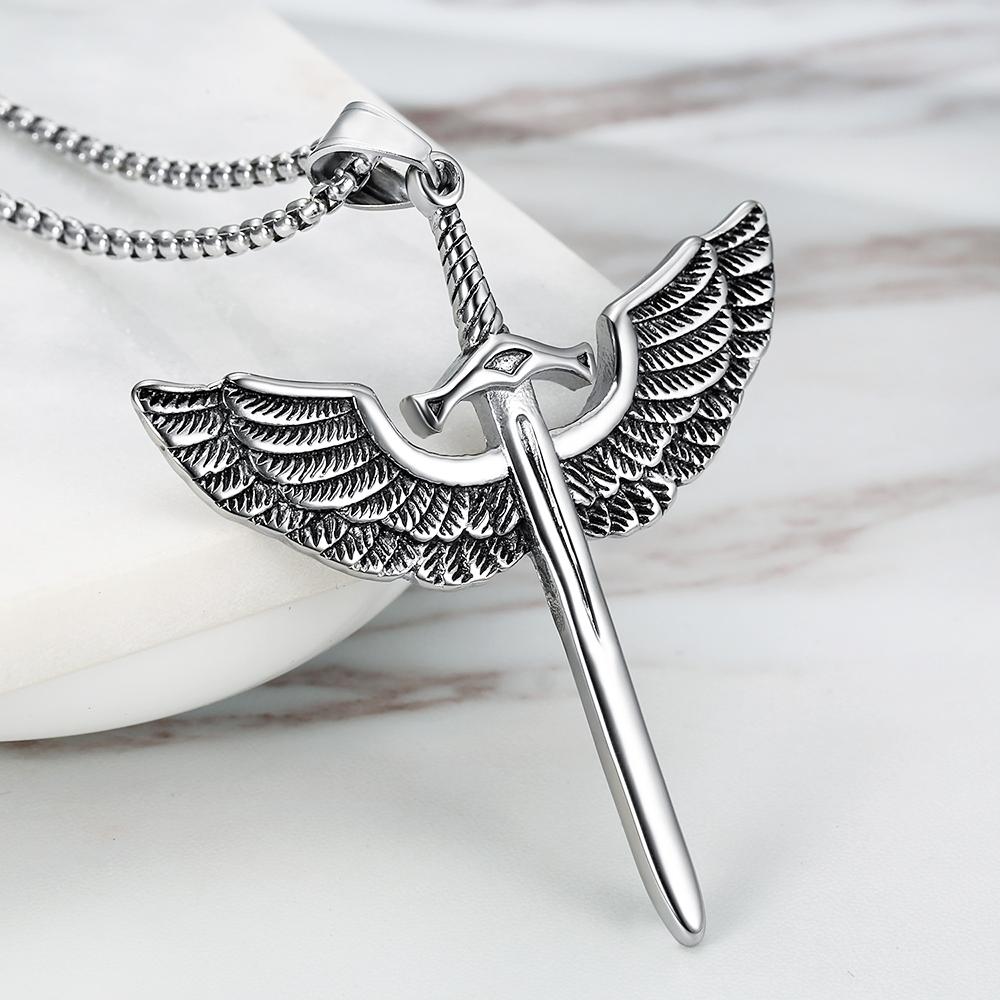 Angel Wings Pendants Necklaces for Men Women Stainless Steel Charm Chain Holy Sword Cross Pendant Unisex Jewelry Accessories
