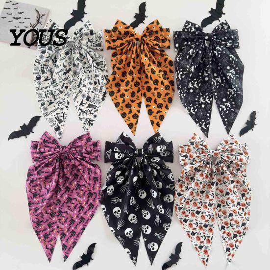 Pumpkin Hair Clip Halloween Bow Spring Clips for Women, Skeleton Ghost Hand Printed Festive Accessory Fabric Barrettes, Cute Horror Accessories